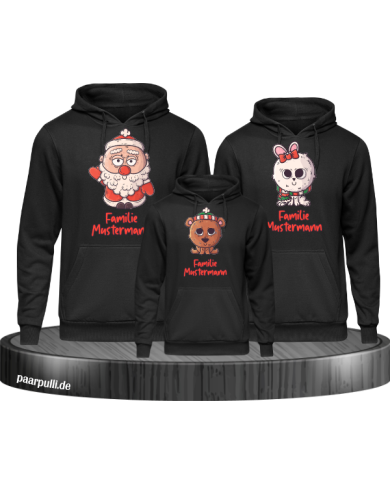 Weihnachten süße Tiere Mit Wunschname 3er Set Familienlook Hoodie schwarz