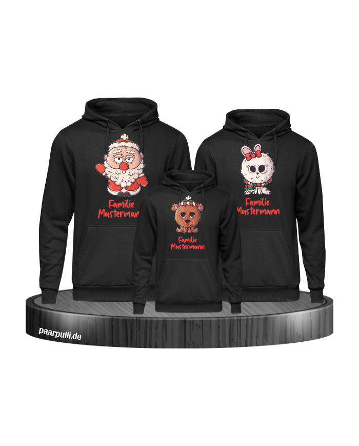 Weihnachten süße Tiere Mit Wunschname 3er Set Familienlook Hoodie schwarz