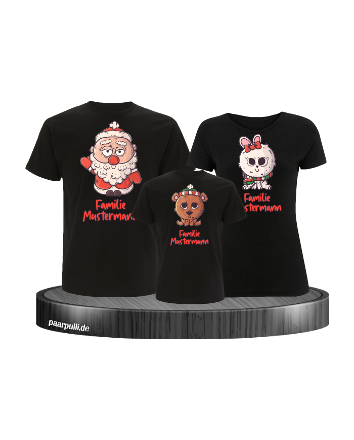 Weihnachten süße Tiere Mit Wunschname 3er Set Familienlook T-Shirt schwarz