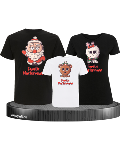 Weihnachten süße Tiere Mit Wunschname 3er Set Familienlook T-Shirt schwarz weiß Weihnachten süße Tiere Mit Wunschname 3er Set Familienlook T-Shirt schwarz weiß