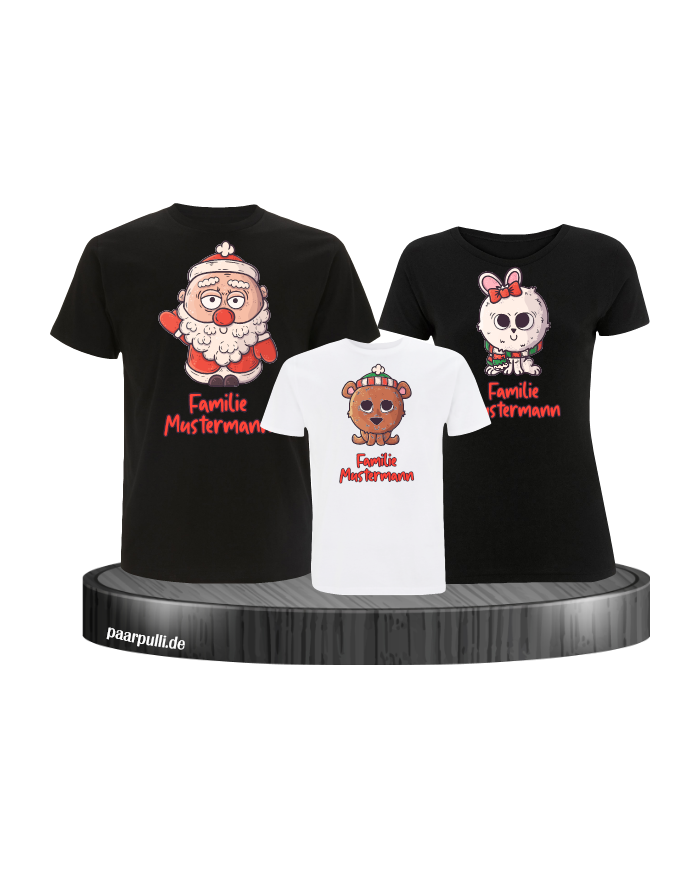 Weihnachten süße Tiere Mit Wunschname 3er Set Familienlook T-Shirt schwarz weiß