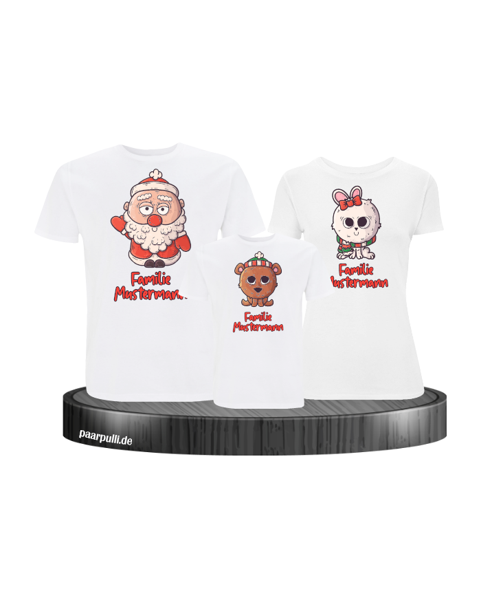 Weihnachten süße Tiere Mit Wunschname 3er Set Familienlook T-Shirt weiß