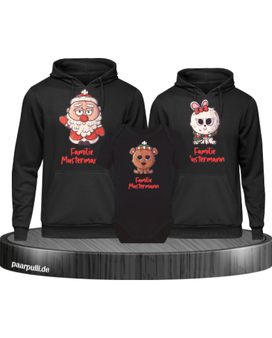 Weihnachten süße Tiere Mit Wunschname 3er Set Familienlook Hoodie + Babybody schwarz