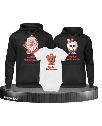 Weihnachten süße Tiere Mit Wunschname 3er Set Familienlook Hoodie + Babybody schwarz weiß