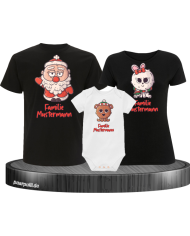 Weihnachten süße Tiere Mit Wunschname 3er Set Familienlook T-Shirt + Babybody schwarz weiß