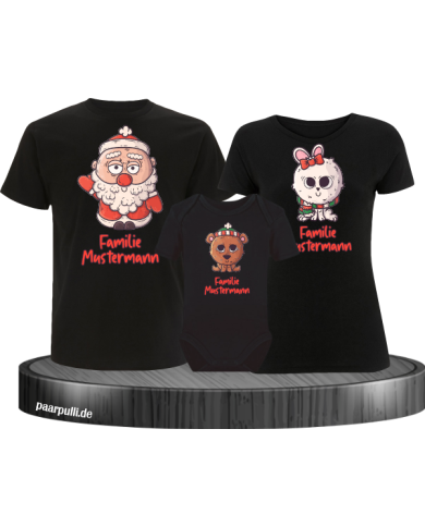 Weihnachten süße Tiere Mit Wunschname 3er Set Familienlook T-Shirt + Babybody schwarz Weihnachten süße Tiere Mit Wunschname 3er Set Familienlook T-Shirt + Babybody schwarz