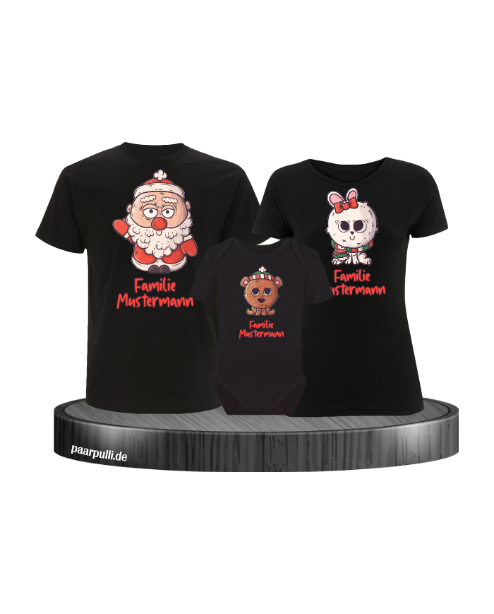 Weihnachten süße Tiere Mit Wunschname 3er Set Familienlook T-Shirt + Babybody schwarz