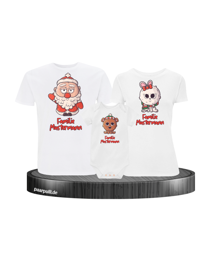 Weihnachten süße Tiere Mit Wunschname 3er Set Familienlook T-Shirt + Babybody weiß