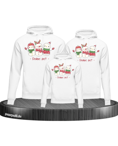 Frohes Fest Schneemann 3er Set Familienlook Hoodie weiß
