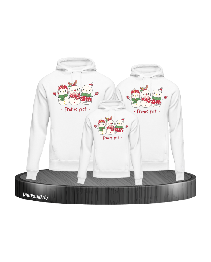 Frohes Fest Schneemann 3er Set Familienlook Hoodie weiß