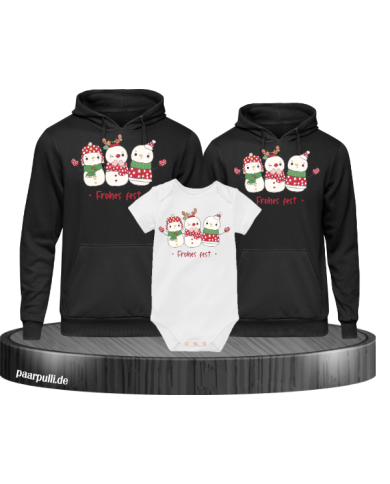 Frohes Fest Schneemann 3er Set Familienlook Hoodie + Babybody schwarz weiß