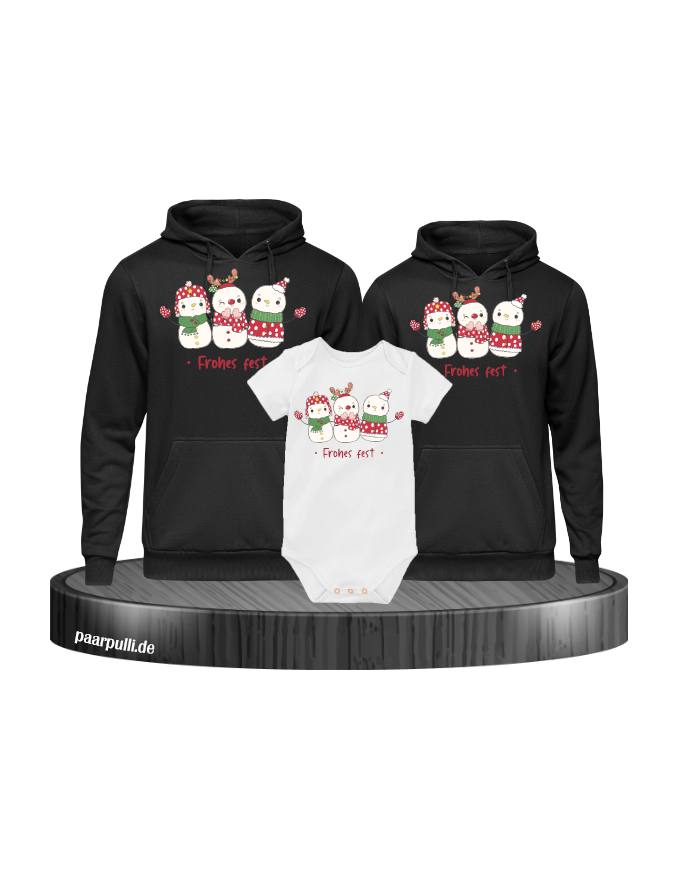 Frohes Fest Schneemann 3er Set Familienlook Hoodie + Babybody schwarz weiß