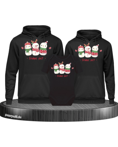 Frohes Fest Schneemann 3er Set Familienlook Hoodie + Babybody schwarz