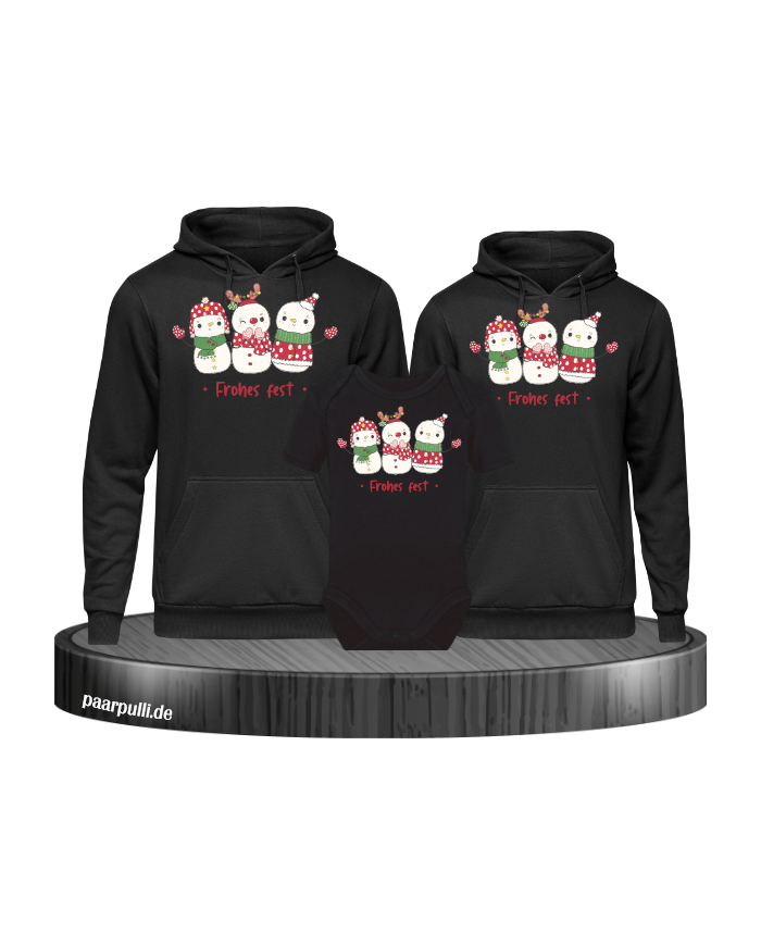 Frohes Fest Schneemann 3er Set Familienlook Hoodie + Babybody schwarz