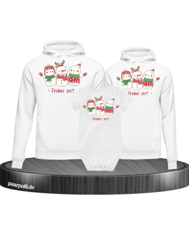 Frohes Fest Schneemann 3er Set Familienlook Hoodie + Babybody weiß
