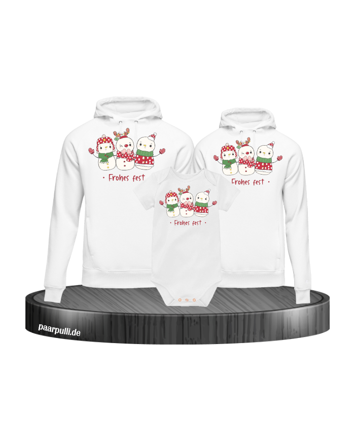 Frohes Fest Schneemann 3er Set Familienlook Hoodie + Babybody weiß