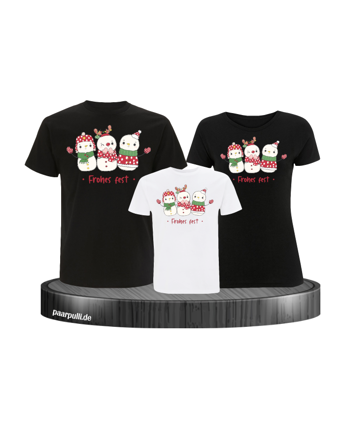 Frohes Fest Schneemann 3er Set Familienlook T-Shirt schwarz weiß