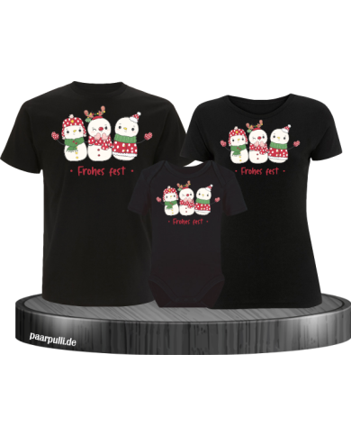 Frohes Fest Schneemann 3er Set Familienlook T-Shirt + Babybody schwarz Frohes Fest Schneemann 3er Set Familienlook T-Shirt + Babybody schwarz