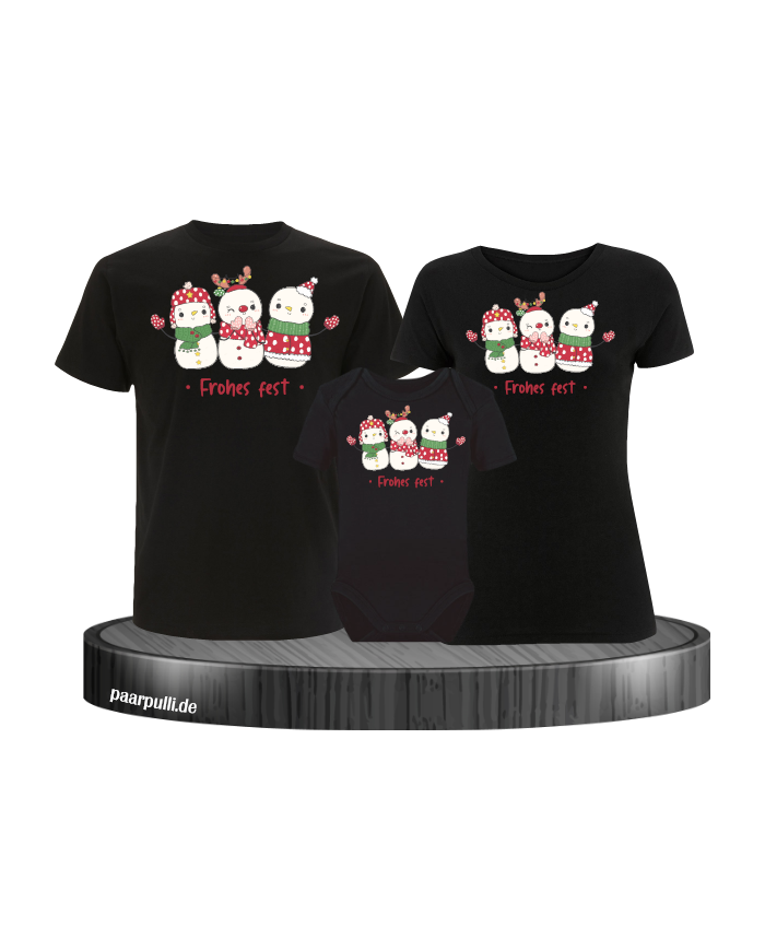 Frohes Fest Schneemann 3er Set Familienlook T-Shirt + Babybody schwarz
