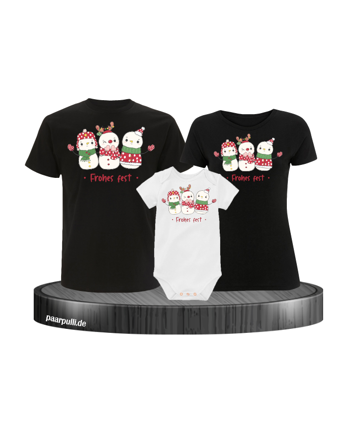 Frohes Fest Schneemann 3er Set Familienlook T-Shirt + Babybody schwarz weiß