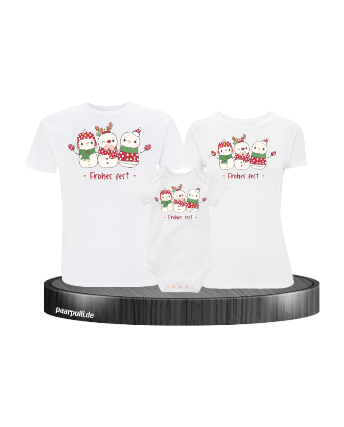 Frohes Fest Schneemann 3er Set Familienlook T-Shirt + Babybody weiß