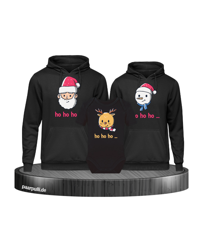 Ho Ho Ho... Weihnachtshoodies 3er Set Familienlook Hoodie + Babybody schwarz