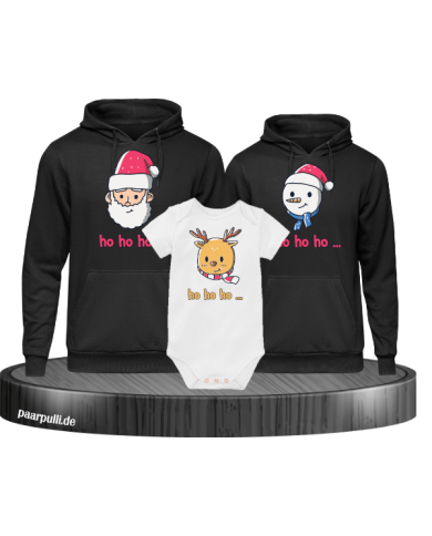Ho Ho Ho... Weihnachtshoodies 3er Set Familienlook Hoodie + Babybody schwarz weiß