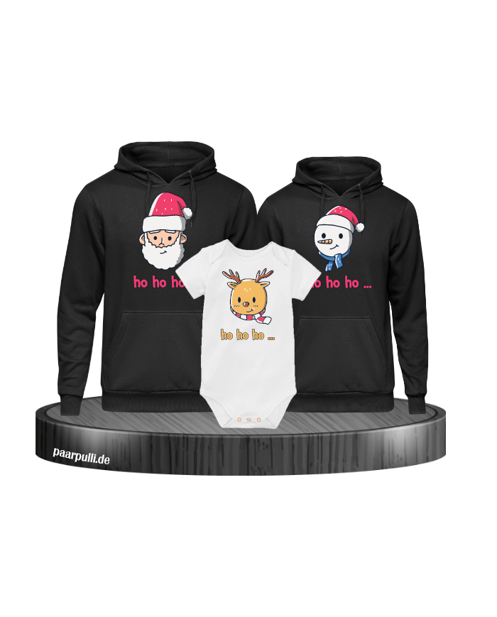 Ho Ho Ho... Weihnachtshoodies 3er Set Familienlook Hoodie + Babybody schwarz weiß