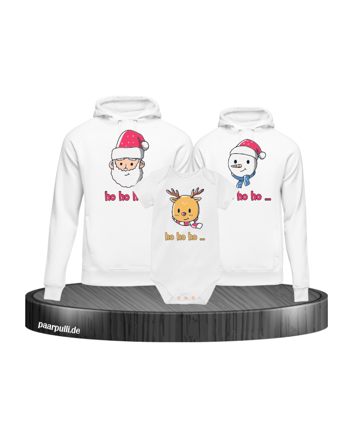 Ho Ho Ho... Weihnachtshoodies 3er Set Familienlook Hoodie + Babybody weiß