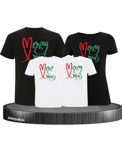 Merry X-Mas Weihnachtsshirts 4er Set Familienlook T-Shirt schwarz weiß