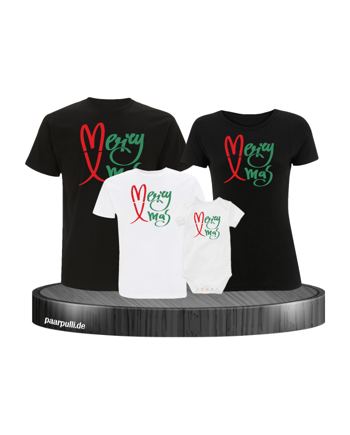 Merry X-Mas Weihnachtsshirts 4er Set Familienlook T-Shirt + Babybody schwarz weiß