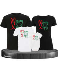 Merry X-Mas Weihnachtsshirts 4er Set Familienlook T-Shirt + Babybody schwarz weiß