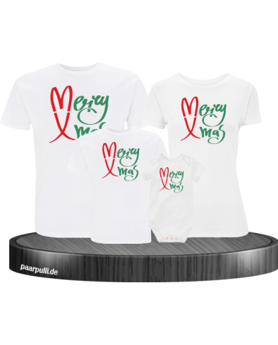 Merry X-Mas Weihnachtsshirts 4er Set Familienlook T-Shirt + Babybody weiß