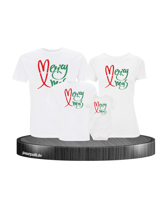 Merry X-Mas Weihnachtsshirts 4er Set Familienlook T-Shirt + Babybody weiß