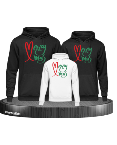 Merry X-Mas Weihnachtshoodies 3er Set Familienlook Hoodie schwarz weiß