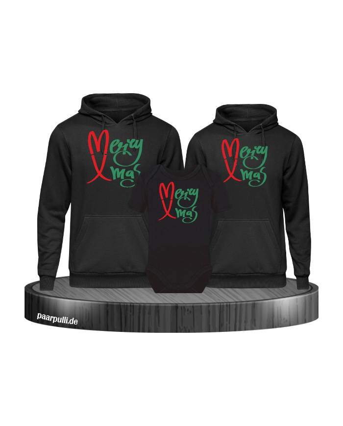 Merry X-Mas Weihnachtshoodies 3er Set Familienlook Hoodie + Babybody schwarz