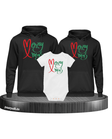 Merry X-Mas Weihnachtshoodies 3er Set Familienlook Hoodie + Babybody schwarz weiß