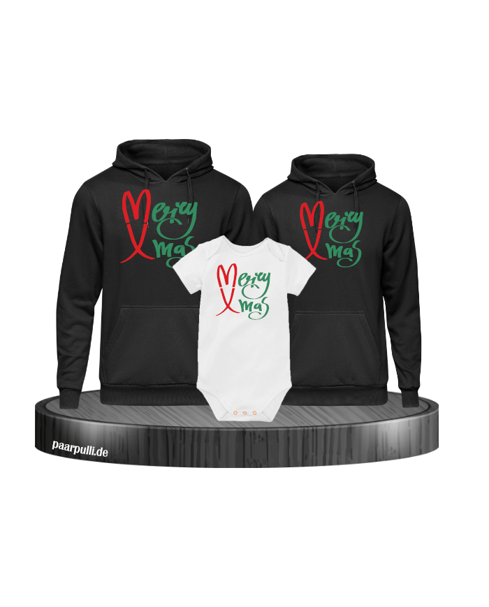 Merry X-Mas Weihnachtshoodies 3er Set Familienlook Hoodie + Babybody schwarz weiß