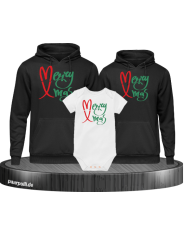 Merry X-Mas Weihnachtshoodies 3er Set Familienlook Hoodie + Babybody schwarz weiß