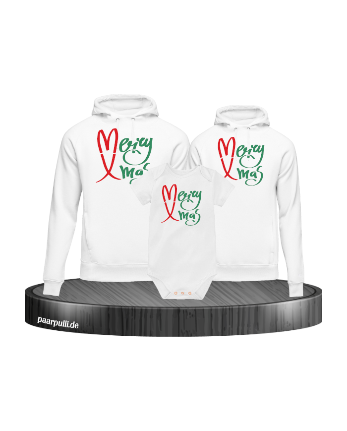 Merry X-Mas Weihnachtshoodies 3er Set Familienlook Hoodie + Babybody weiß