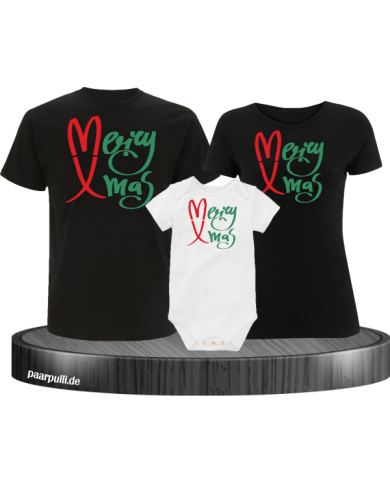 Merry X-Mas Weihnachtsshirts 3er Set Familienlook T-Shirt + Babybody schwarz weiß Merry X-Mas Weihnachtsshirts 3er Set Familienlook T-Shirt + Babybody schwarz weiß