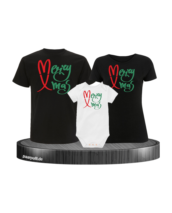 Merry X-Mas Weihnachtsshirts 3er Set Familienlook T-Shirt + Babybody schwarz weiß