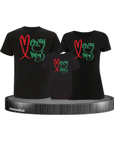 Merry X-Mas Weihnachtsshirts 3er Set Familienlook T-Shirt + Babybody schwarz Merry X-Mas Weihnachtsshirts 3er Set Familienlook T-Shirt + Babybody schwarz