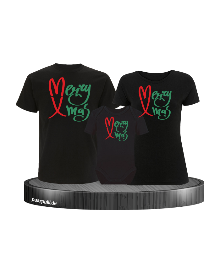 Merry X-Mas Weihnachtsshirts 3er Set Familienlook T-Shirt + Babybody schwarz