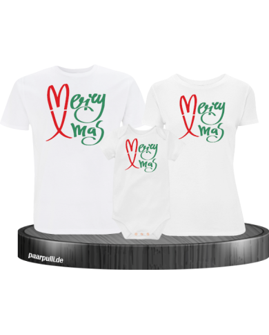 Merry X-Mas Weihnachtsshirts 3er Set Familienlook T-Shirt + Babybody weiß