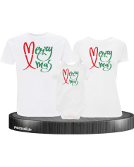 Merry X-Mas Weihnachtsshirts 3er Set Familienlook T-Shirt + Babybody weiß