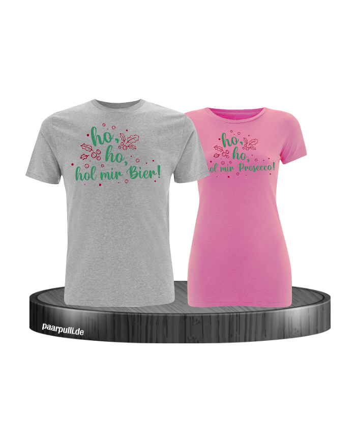 Ho ho ho, hol mein Bier! / Prosecco! Christmas T-Shirt Set grau rosa
