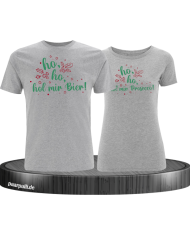 Partner T-Shirts Weihnachten Ho Ho Ho Bier & Prosecco – Lustiges Pärchen-Set