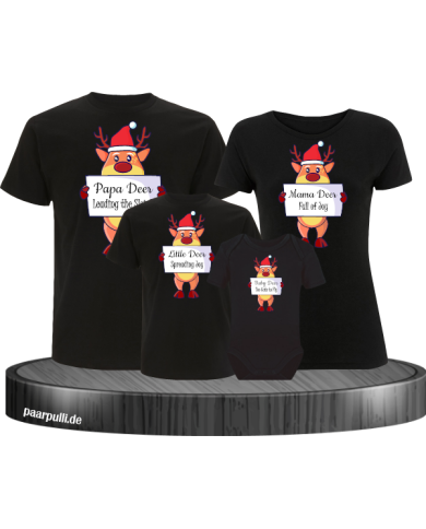 Rentier Familie Weihnachtsshirts 4er Set Familienlook T-Shirt + Babybody schwarz