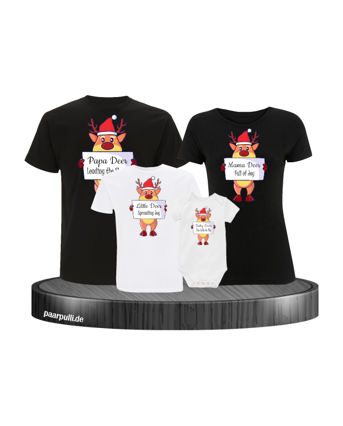 Rentier Familie Weihnachtsshirts 4er Set Familienlook T-Shirt + Babybody schwarz weiß